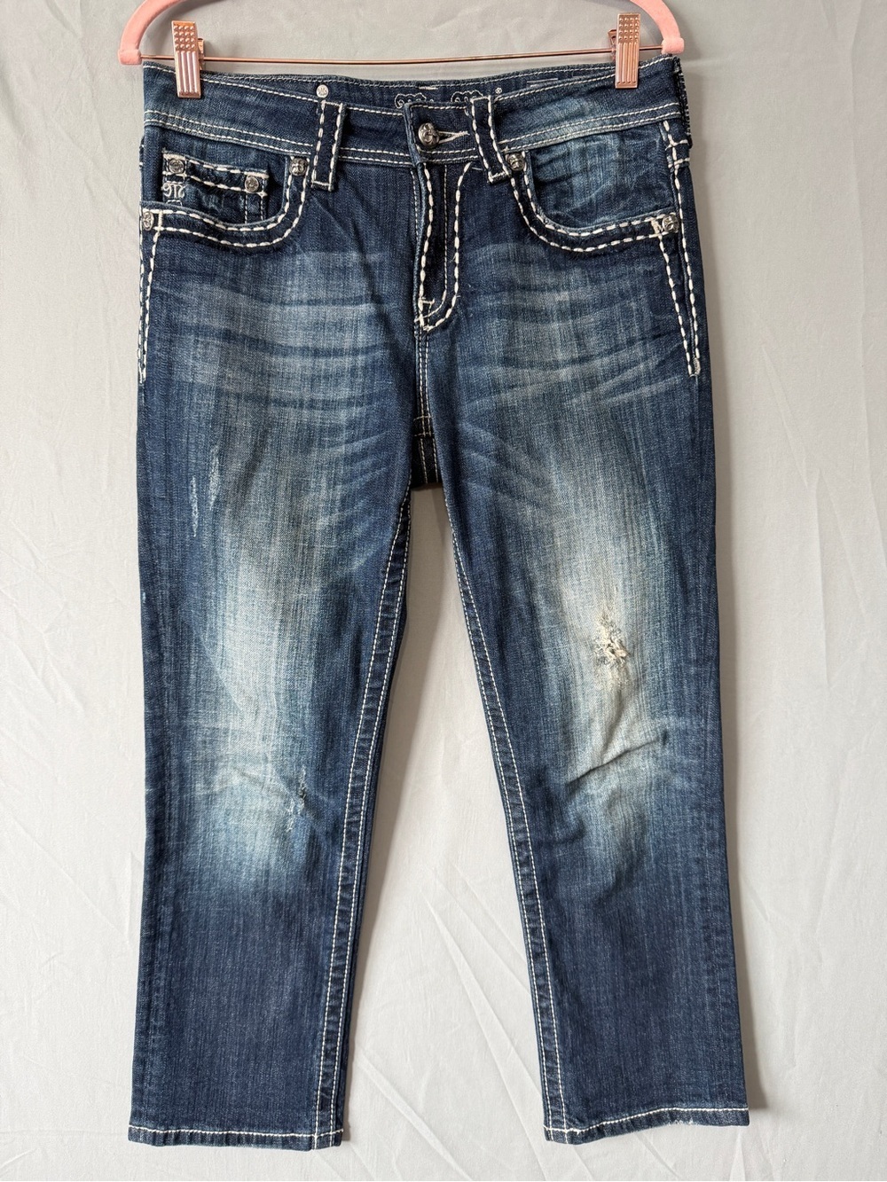 Miss Me Womens Distressed Boyfriend Capri Size 26 Medium Wash Denim Embellished